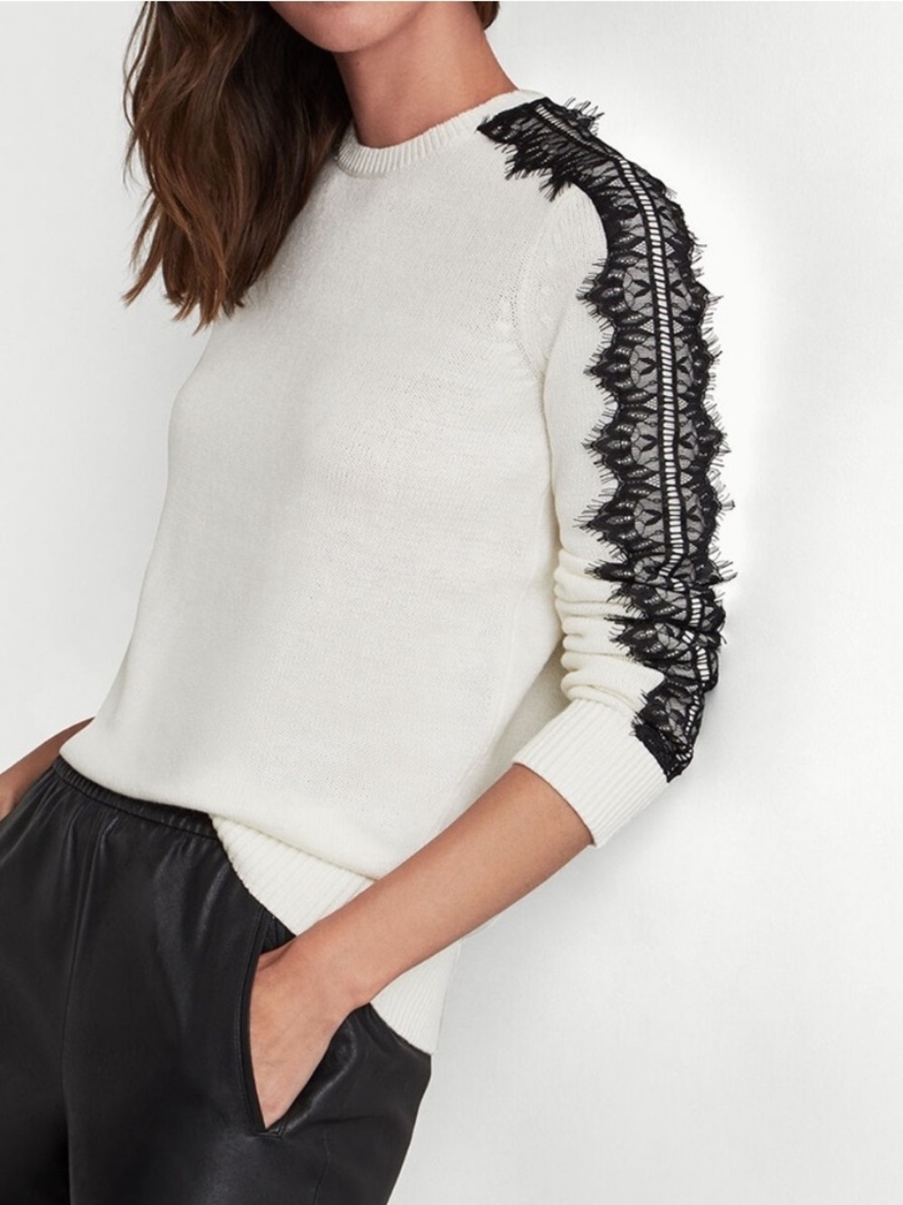 BCBGMaxAzria Ivory Crewneck Sweater with Black Lace Trim. Medium.